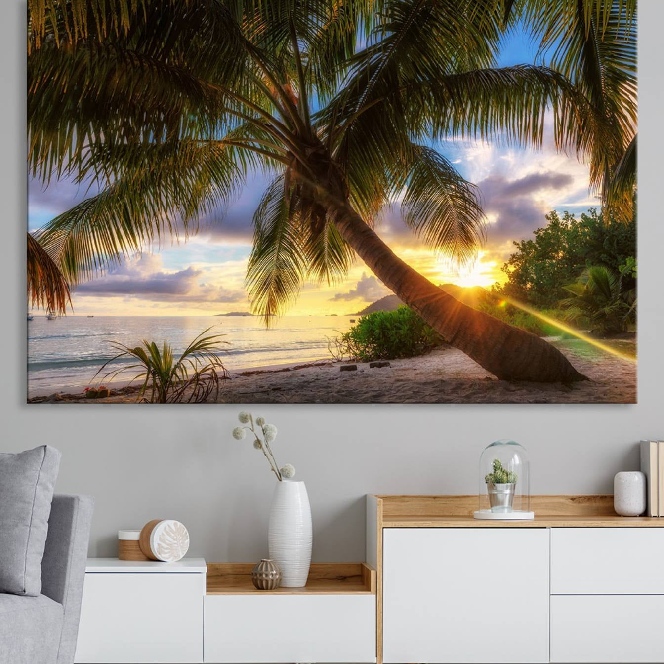 -Coastal Sunset Palm Tree Giclee Canvas Print – Tropical Beach Panorama Wall Art for Relaxed Island