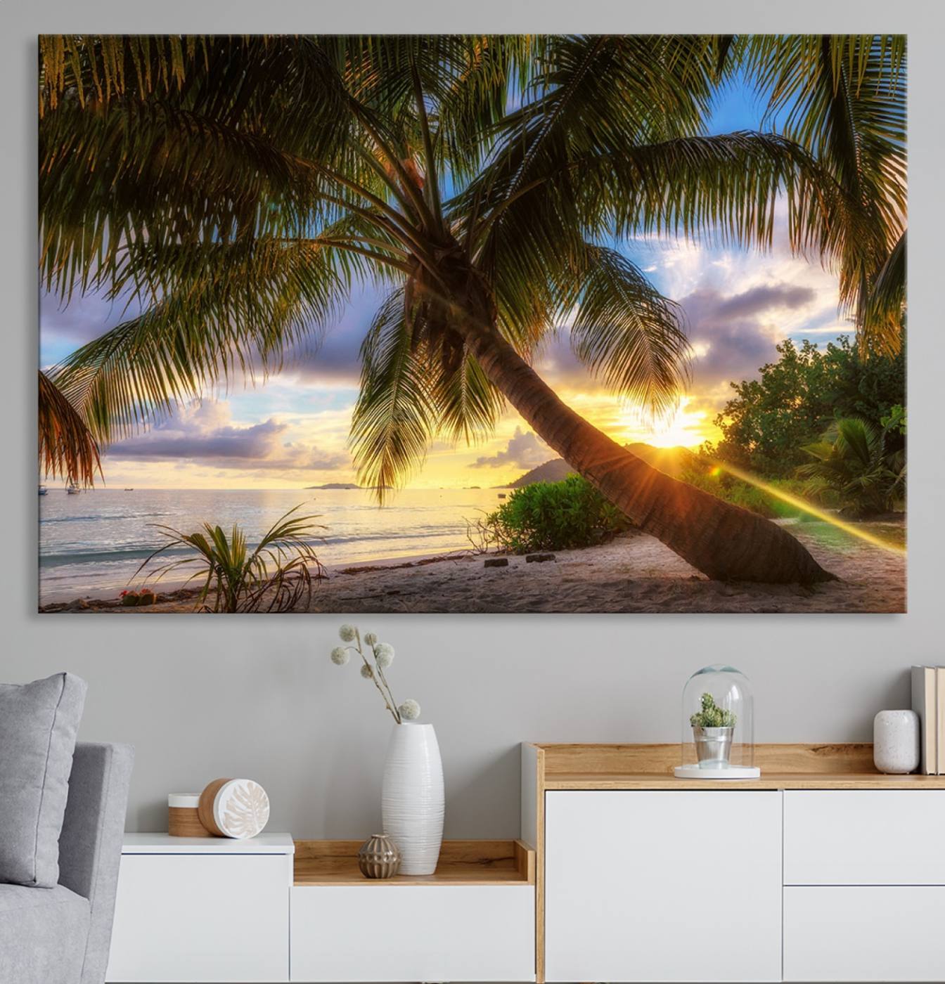 49751-MGV-CV-36X24-Coastal Sunset Palm Tree Giclee Canvas Print – Tropical Beach Panorama Wall Art for Relaxed Island