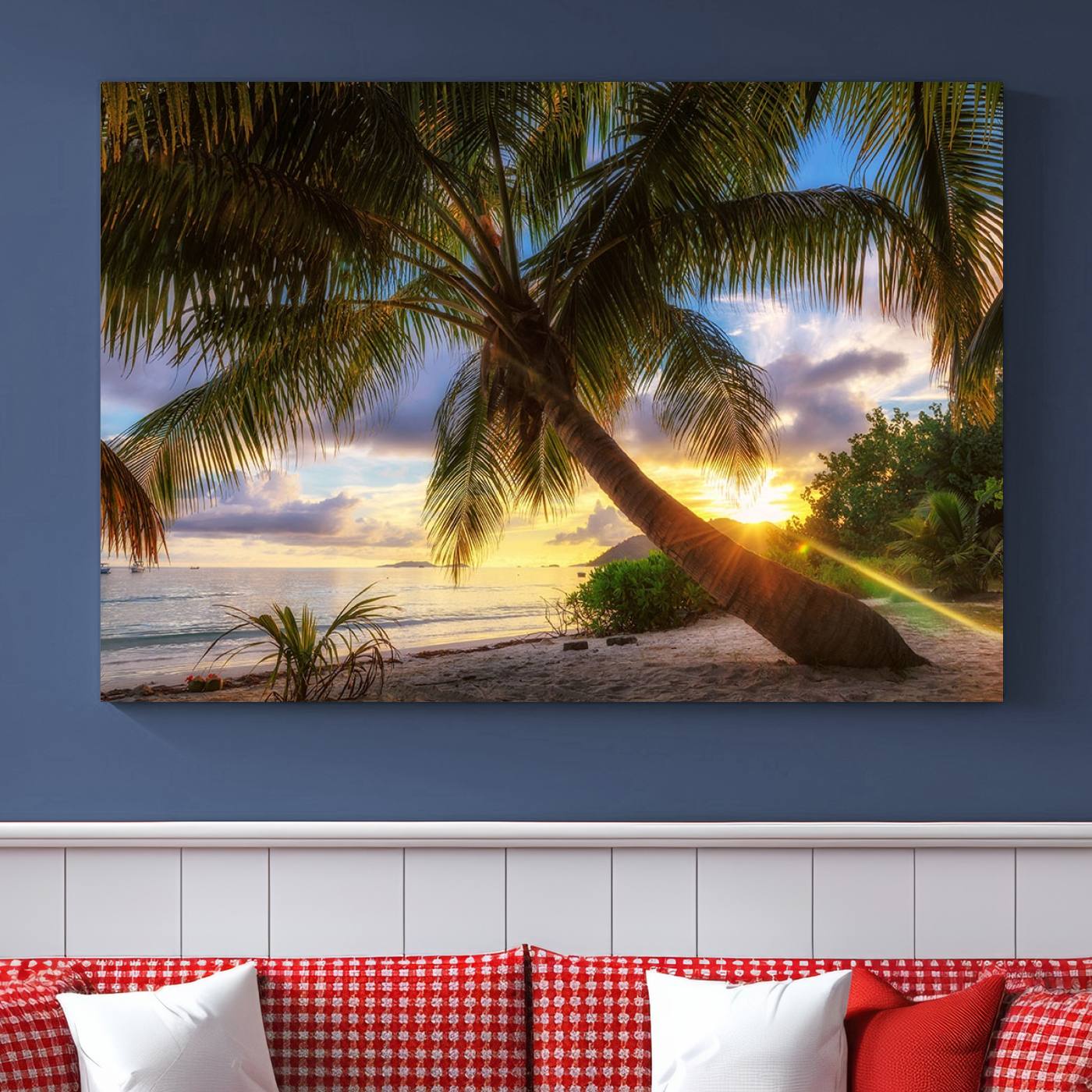 -Coastal Sunset Palm Tree Giclee Canvas Print – Tropical Beach Panorama Wall Art for Relaxed Island