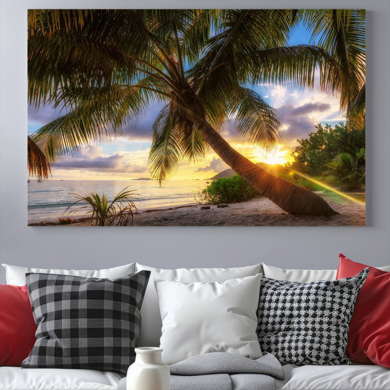 -Coastal Sunset Palm Tree Giclee Canvas Print – Tropical Beach Panorama Wall Art for Relaxed Island