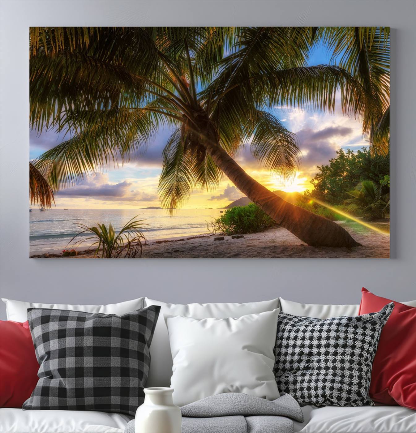 49751-MGV-CV-36X24-Coastal Sunset Palm Tree Giclee Canvas Print – Tropical Beach Panorama Wall Art for Relaxed Island