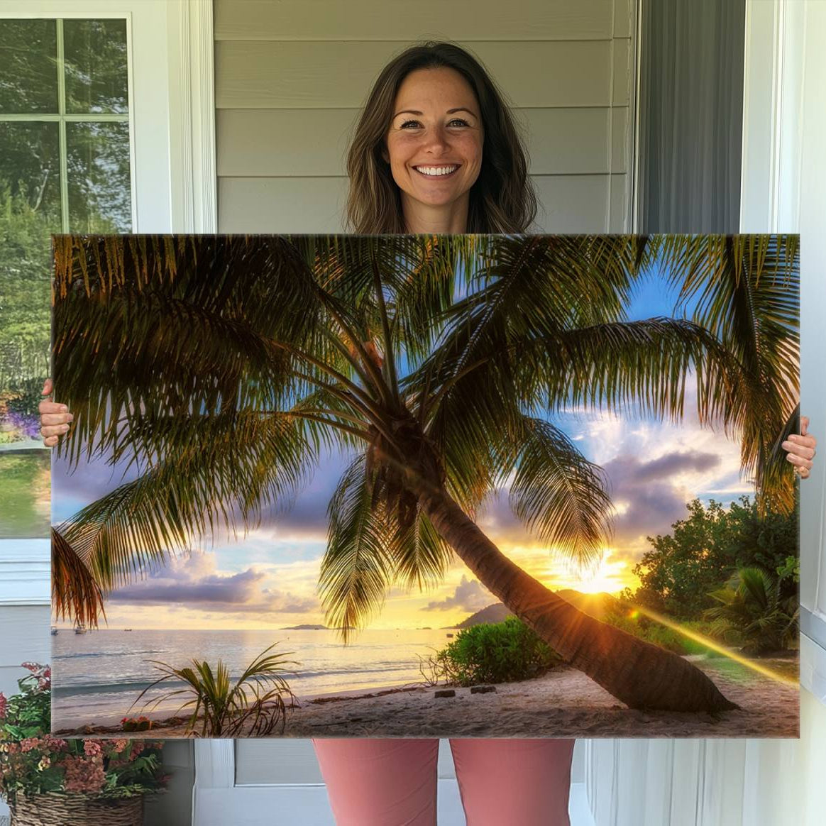 -Coastal Sunset Palm Tree Giclee Canvas Print – Tropical Beach Panorama Wall Art for Relaxed Island