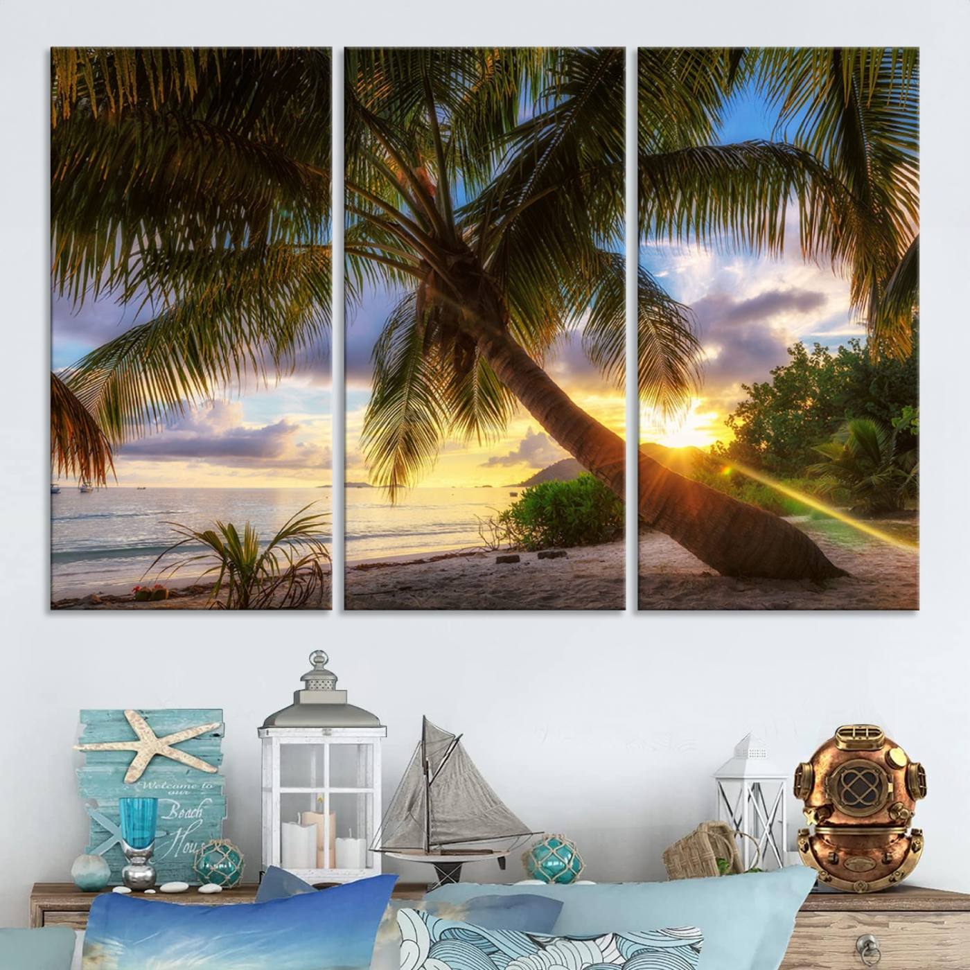 49751-MGV-CV-48X32-3P-Coastal Sunset Palm Tree Giclee Canvas Print – Tropical Beach Panorama Wall Art for Relaxed Island