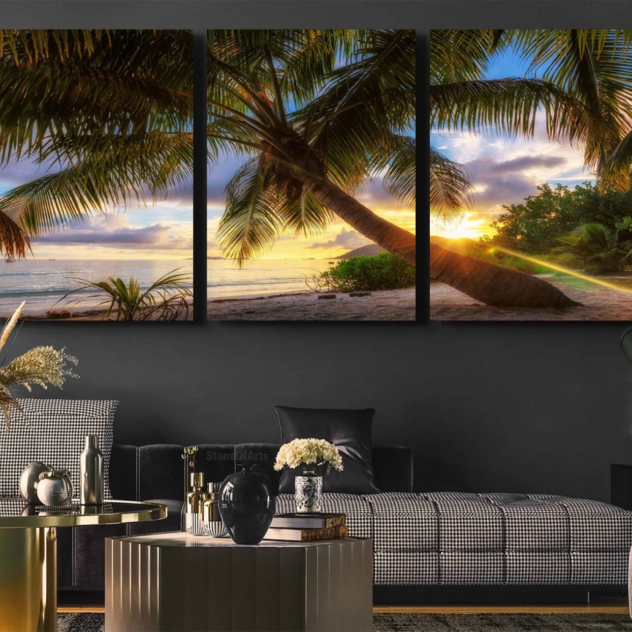 49751-MGV-CV-60X30-3P-Coastal Sunset Palm Tree Giclee Canvas Print – Tropical Beach Panorama Wall Art for Relaxed Island
