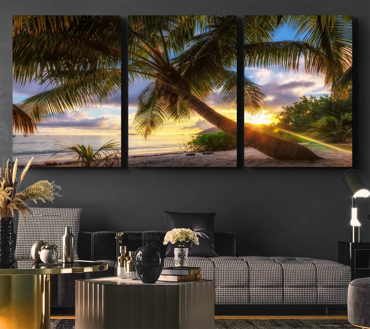 49751-MGV-CV-60X30-3P-Coastal Sunset Palm Tree Giclee Canvas Print – Tropical Beach Panorama Wall Art for Relaxed Island