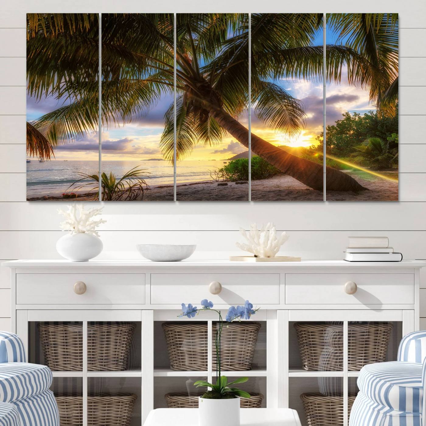 49751-MGV-CV-60X31-5P-Coastal Sunset Palm Tree Giclee Canvas Print – Tropical Beach Panorama Wall Art for Relaxed Island