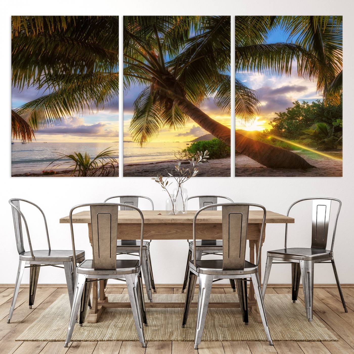 -Coastal Sunset Palm Tree Giclee Canvas Print – Tropical Beach Panorama Wall Art for Relaxed Island