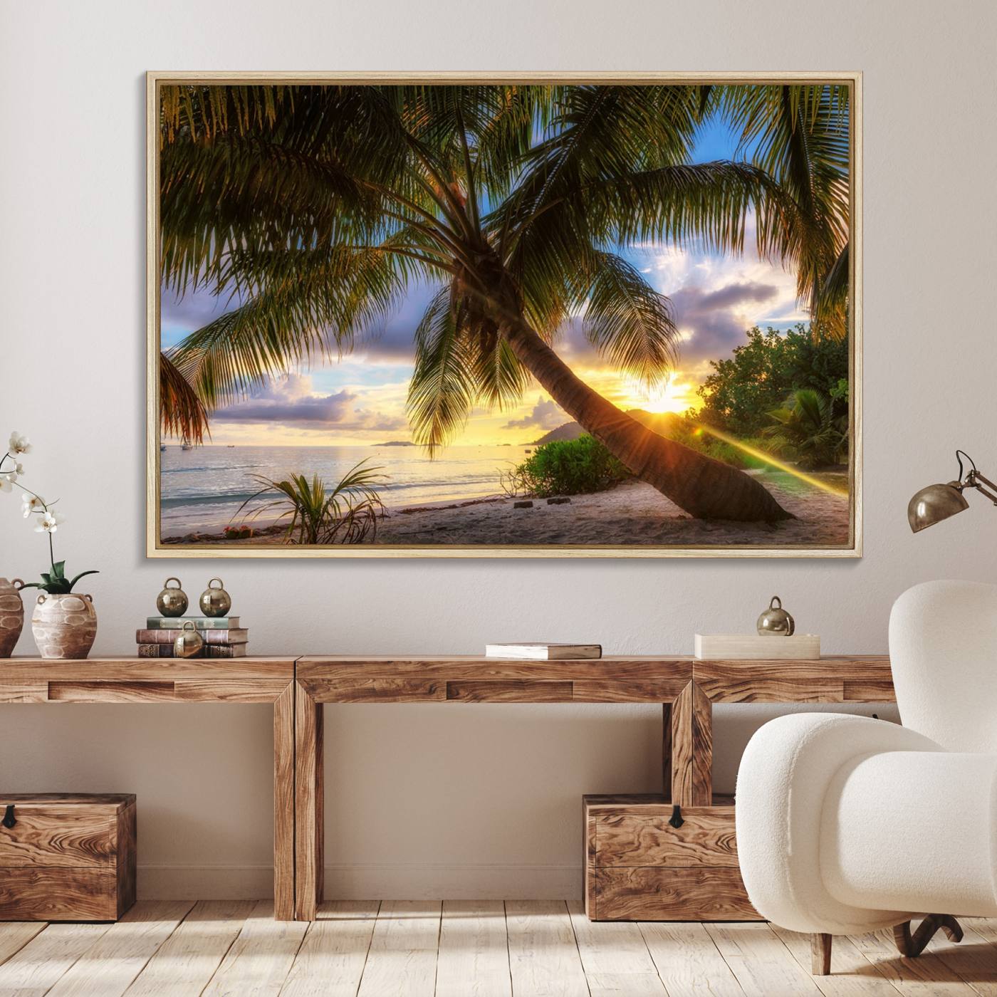 49751-MGV-FC-36X24_Natural-Coastal Sunset Palm Tree Giclee Canvas Print – Tropical Beach Panorama Wall Art for Relaxed Island