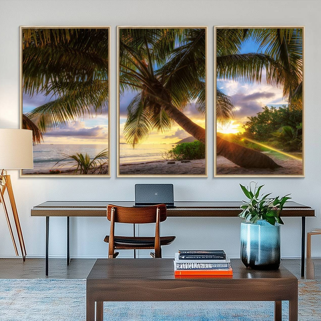 49751-MGV-FC-48X32-3P_Natural-Coastal Sunset Palm Tree Giclee Canvas Print – Tropical Beach Panorama Wall Art for Relaxed Island