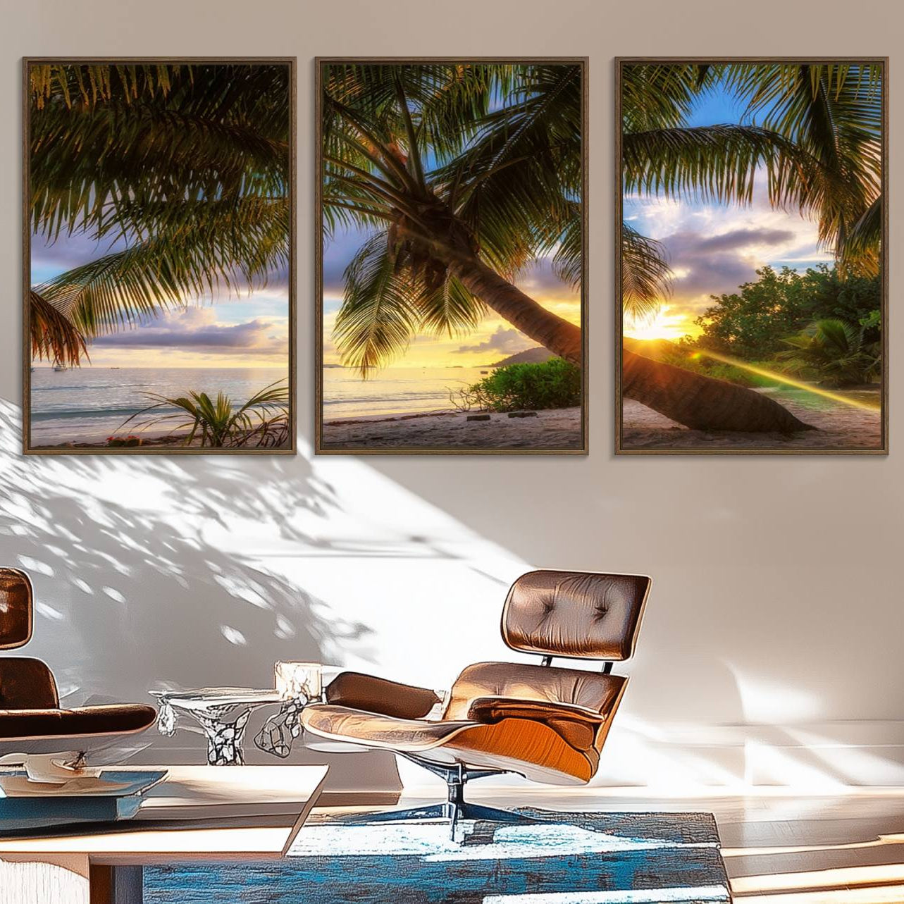 49751-MGV-FC-60X30-3P_Walnut-Coastal Sunset Palm Tree Giclee Canvas Print – Tropical Beach Panorama Wall Art for Relaxed Island