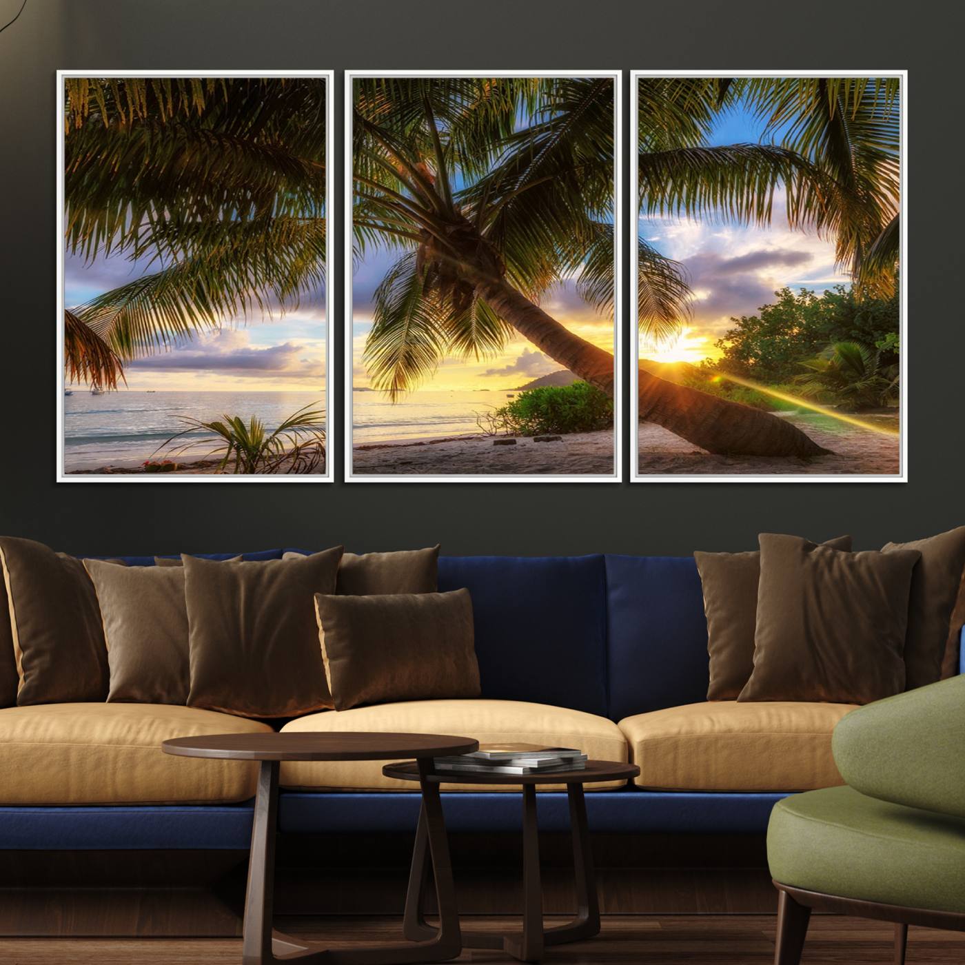 49751-MGV-FC-60X30-3P_White-Coastal Sunset Palm Tree Giclee Canvas Print – Tropical Beach Panorama Wall Art for Relaxed Island