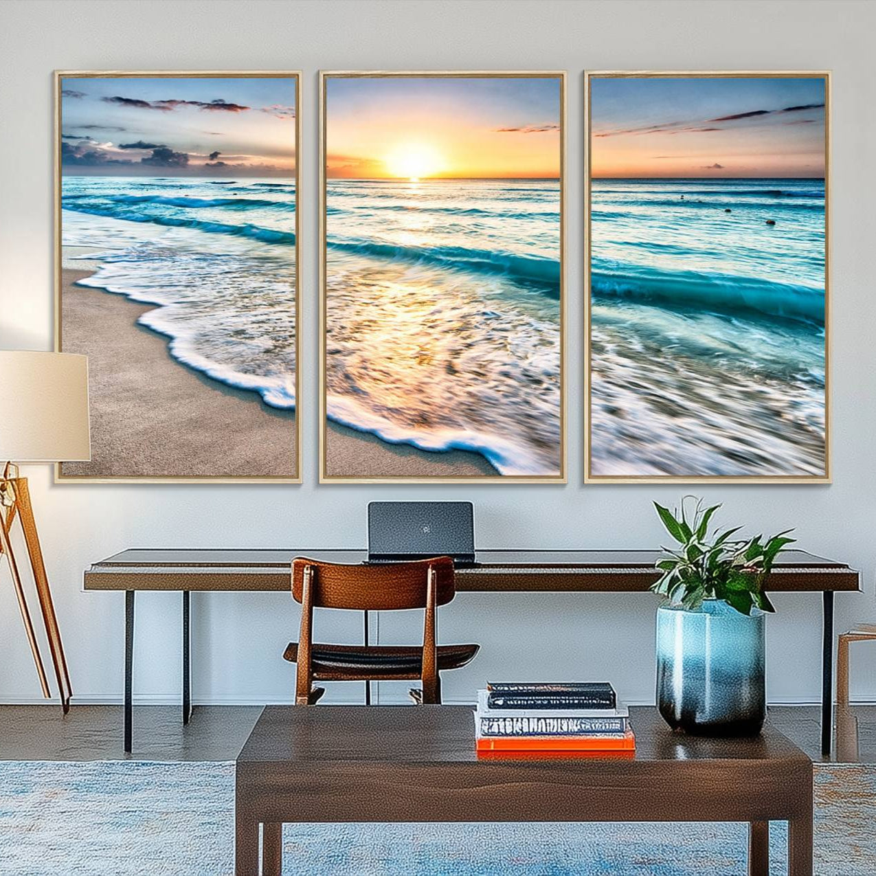 27815-MGV-FC-48X32-3P_Natural-Coastal Sunset Wall Art Canvas, Ocean Beach Canvas Wall Art Beach Canvas, Coastal Sunset Tropical