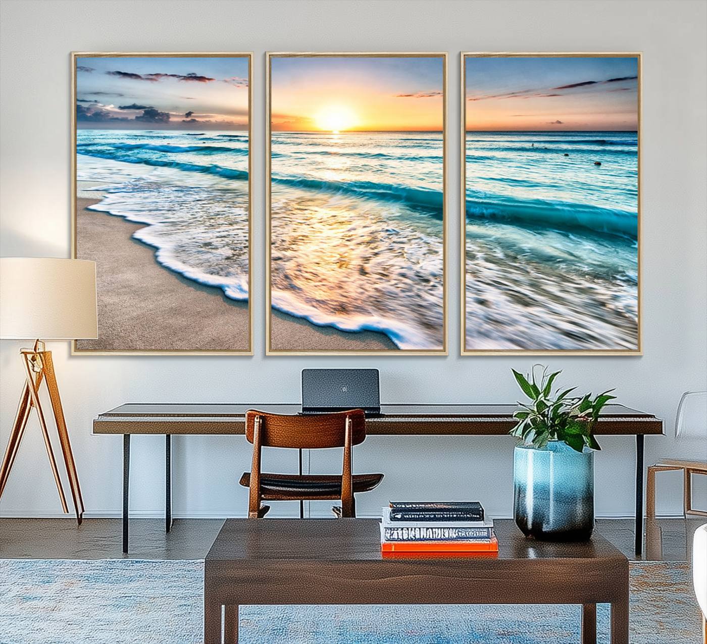 27815-MGV-FC-48X32-3P_Natural-Coastal Sunset Wall Art Canvas, Ocean Beach Canvas Wall Art Beach Canvas, Coastal Sunset Tropical