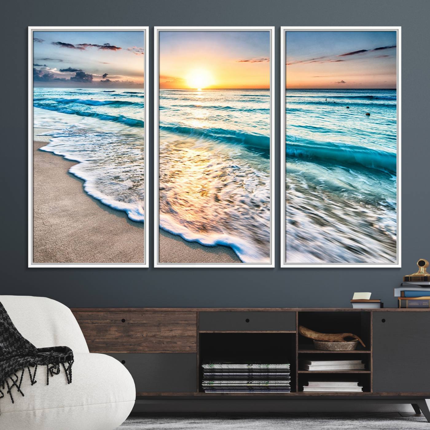 27815-MGV-FC-48X32-3P_White-Coastal Sunset Wall Art Canvas, Ocean Beach Canvas Wall Art Beach Canvas, Coastal Sunset Tropical