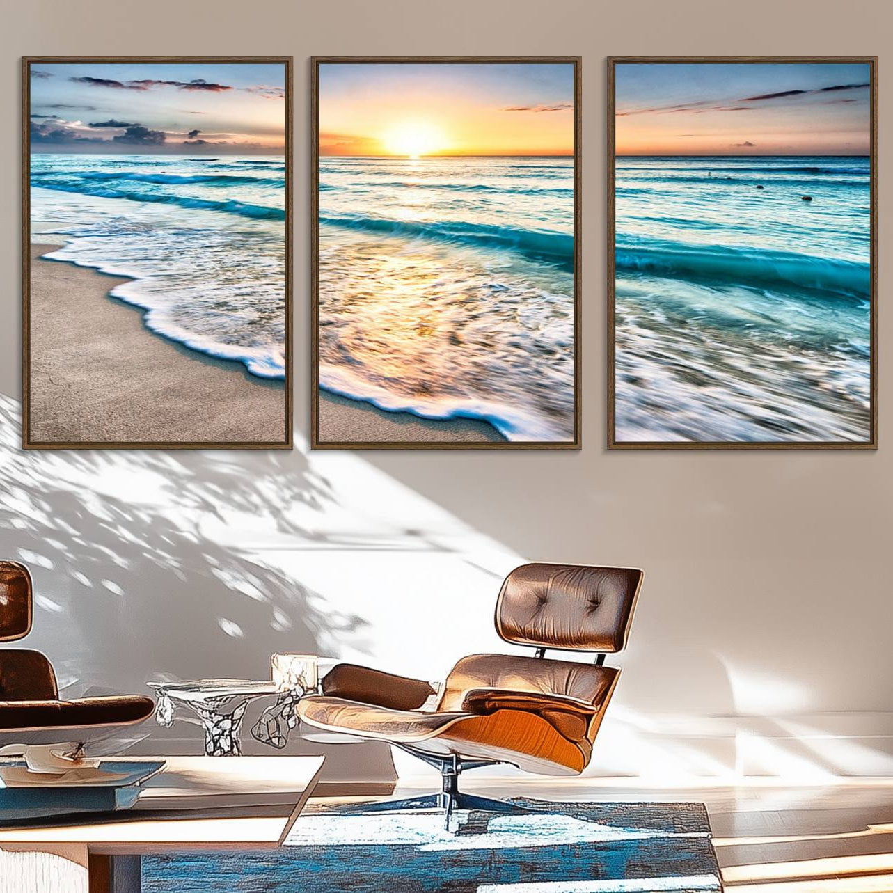 27815-MGV-FC-60X30-3P_Walnut-Coastal Sunset Wall Art Canvas, Ocean Beach Canvas Wall Art Beach Canvas, Coastal Sunset Tropical