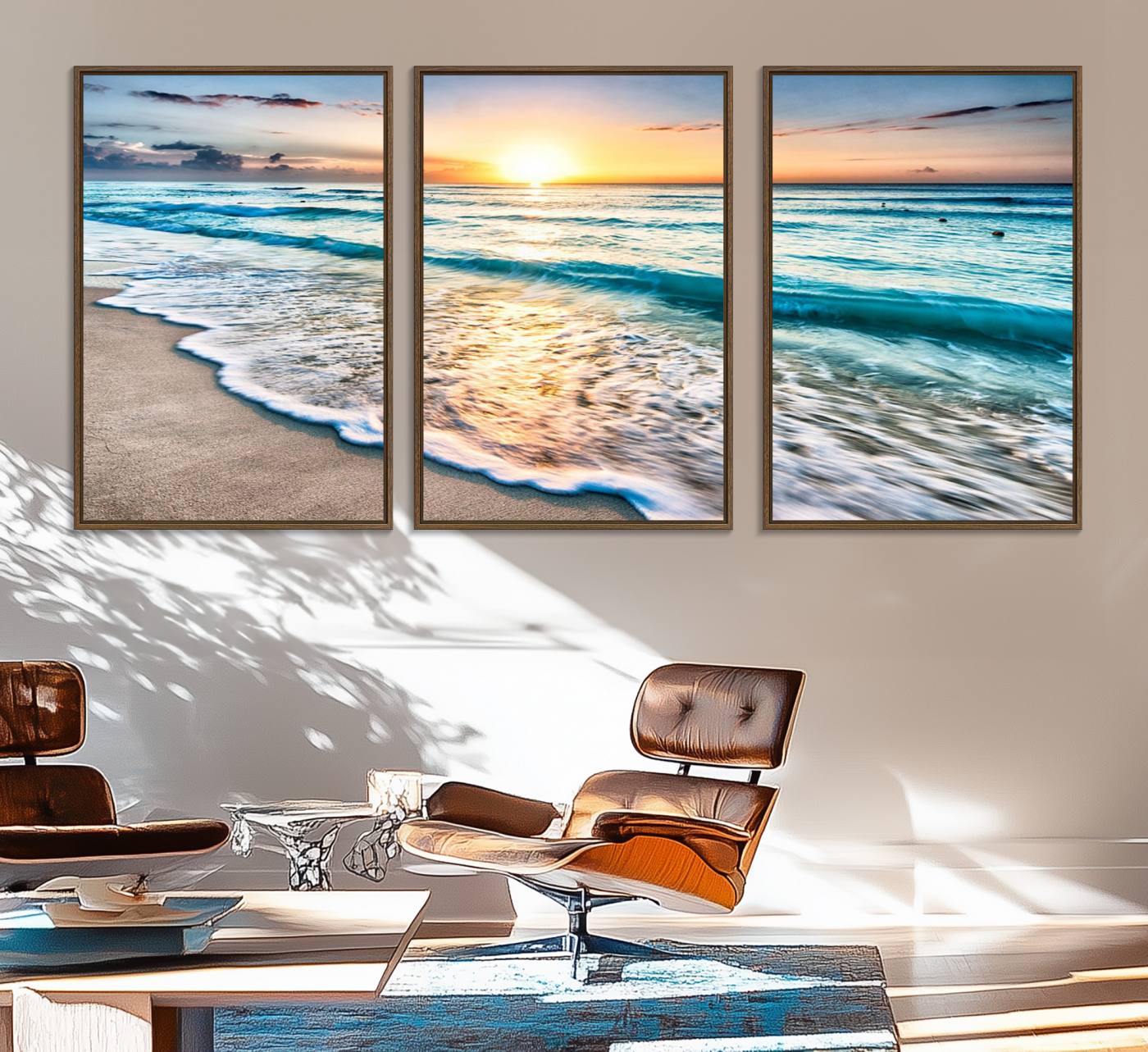 27815-MGV-FC-60X30-3P_Walnut-Coastal Sunset Wall Art Canvas, Ocean Beach Canvas Wall Art Beach Canvas, Coastal Sunset Tropical