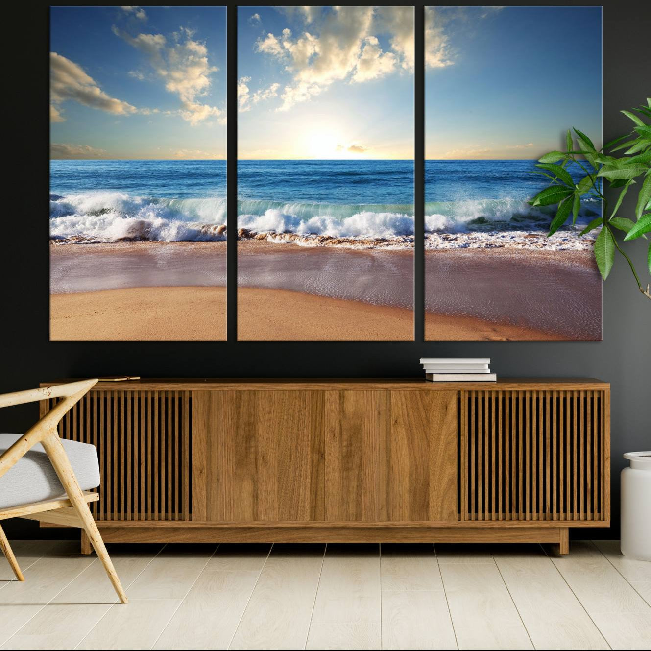 -Coastal Tropical Beach Sunset Canvas Wall Art Print