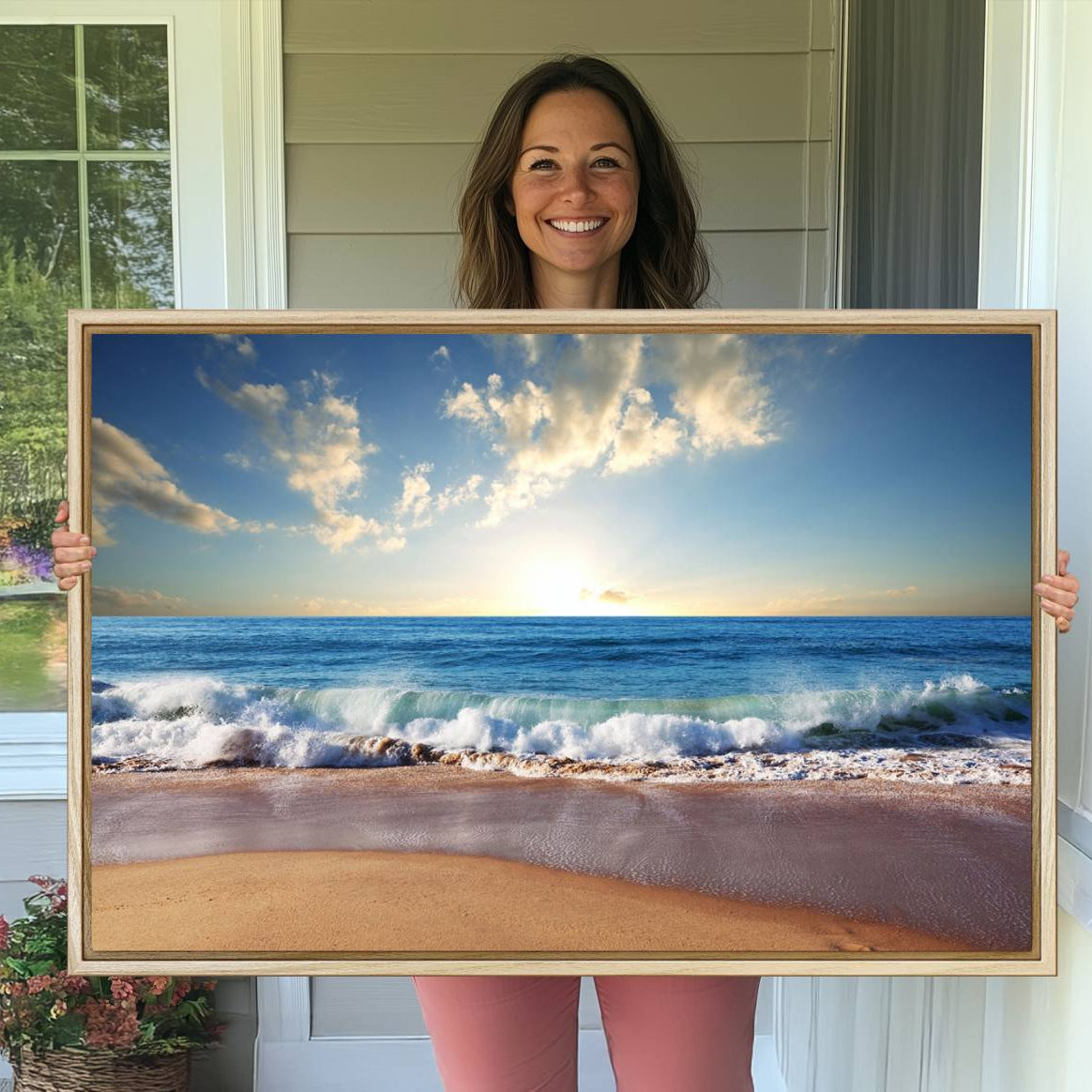 -Coastal Tropical Beach Sunset Canvas Wall Art Print