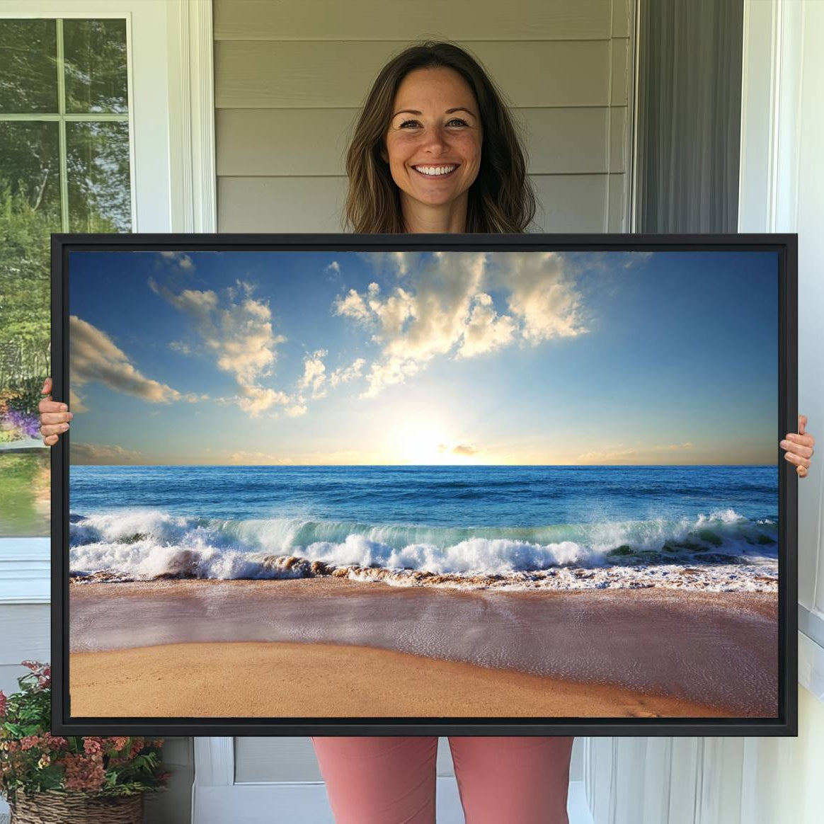 -Coastal Tropical Beach Sunset Canvas Wall Art Print