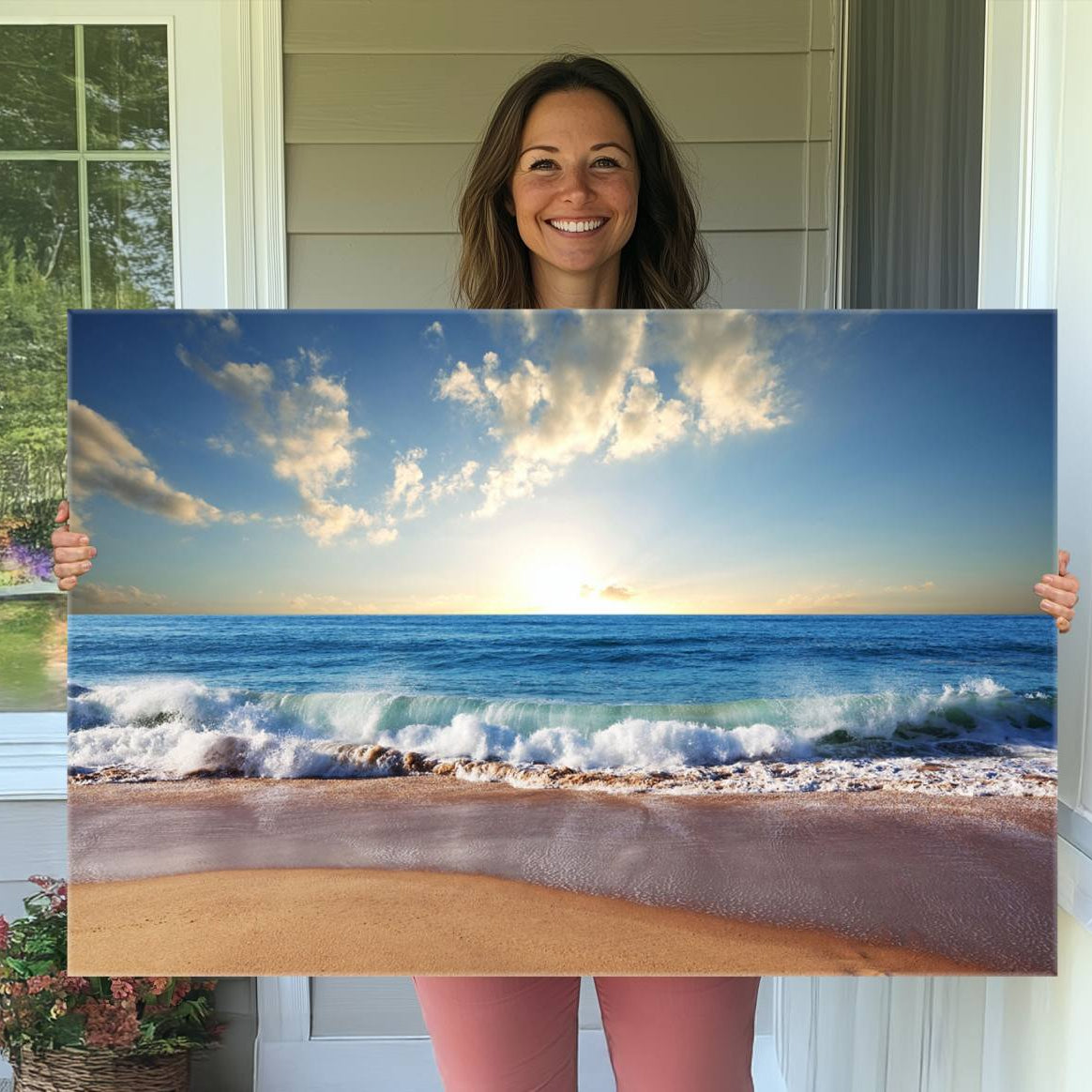 -Coastal Tropical Beach Sunset Canvas Wall Art Print