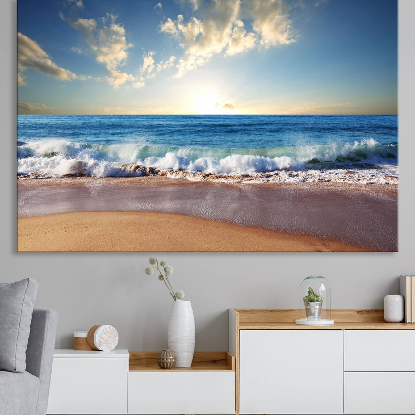 -Coastal Tropical Beach Sunset Canvas Wall Art Print