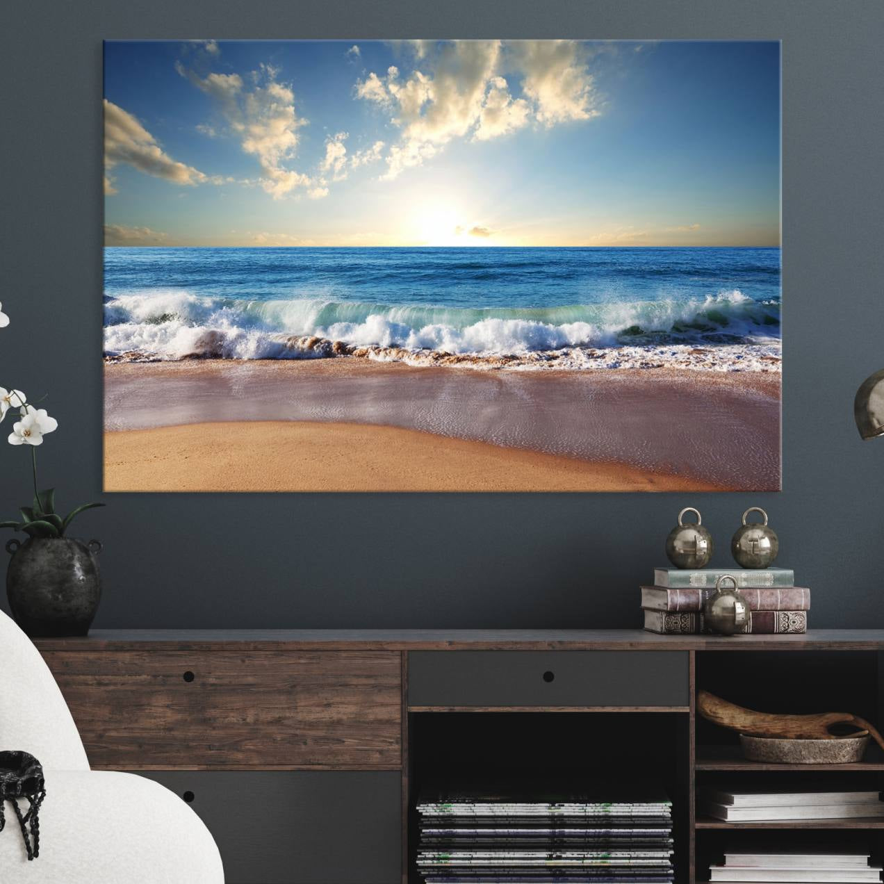 -Coastal Tropical Beach Sunset Canvas Wall Art Print