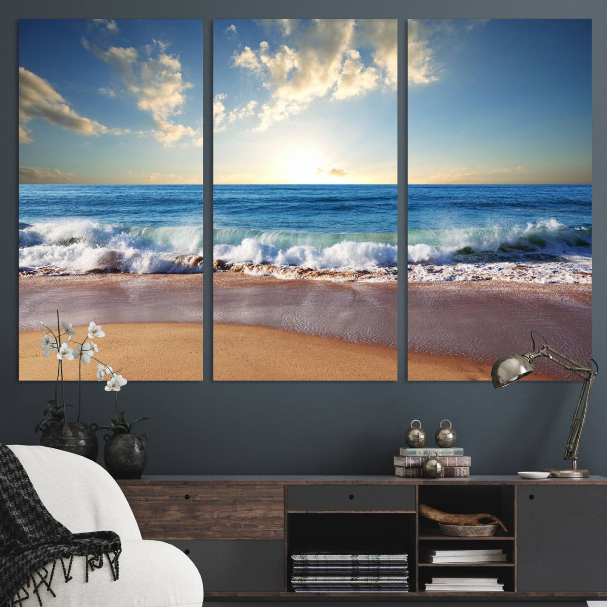 68257-MGV-CV-48X32-3P-Coastal Tropical Beach Sunset Canvas Wall Art Print