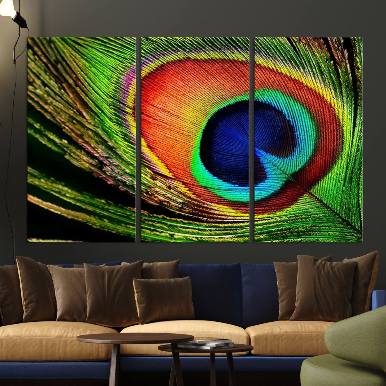 -Colorful Peacock Feather Wall Art Print - Vibrant Green, Blue, and Orange Peacock Feather Design,