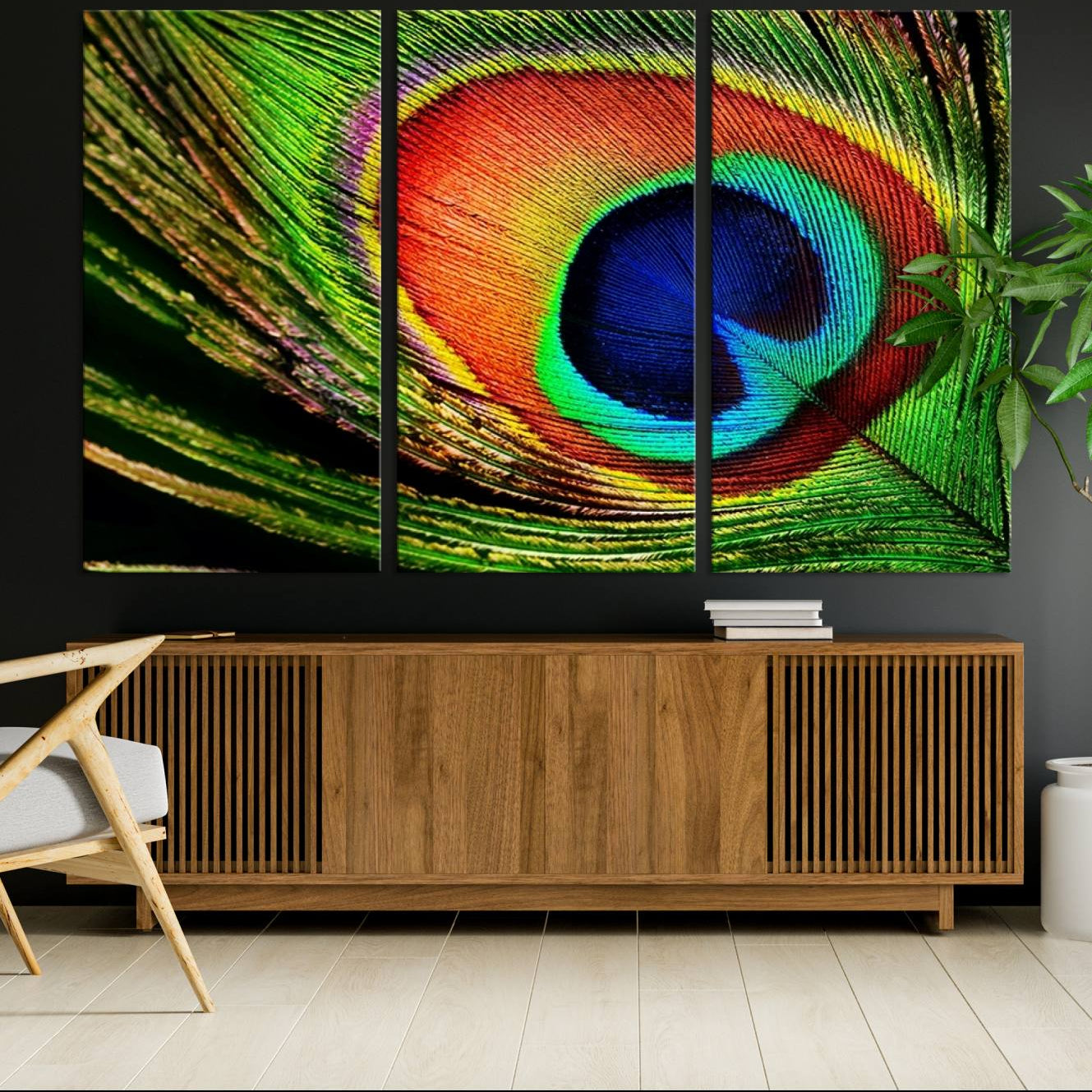 -Colorful Peacock Feather Wall Art Print - Vibrant Green, Blue, and Orange Peacock Feather Design,