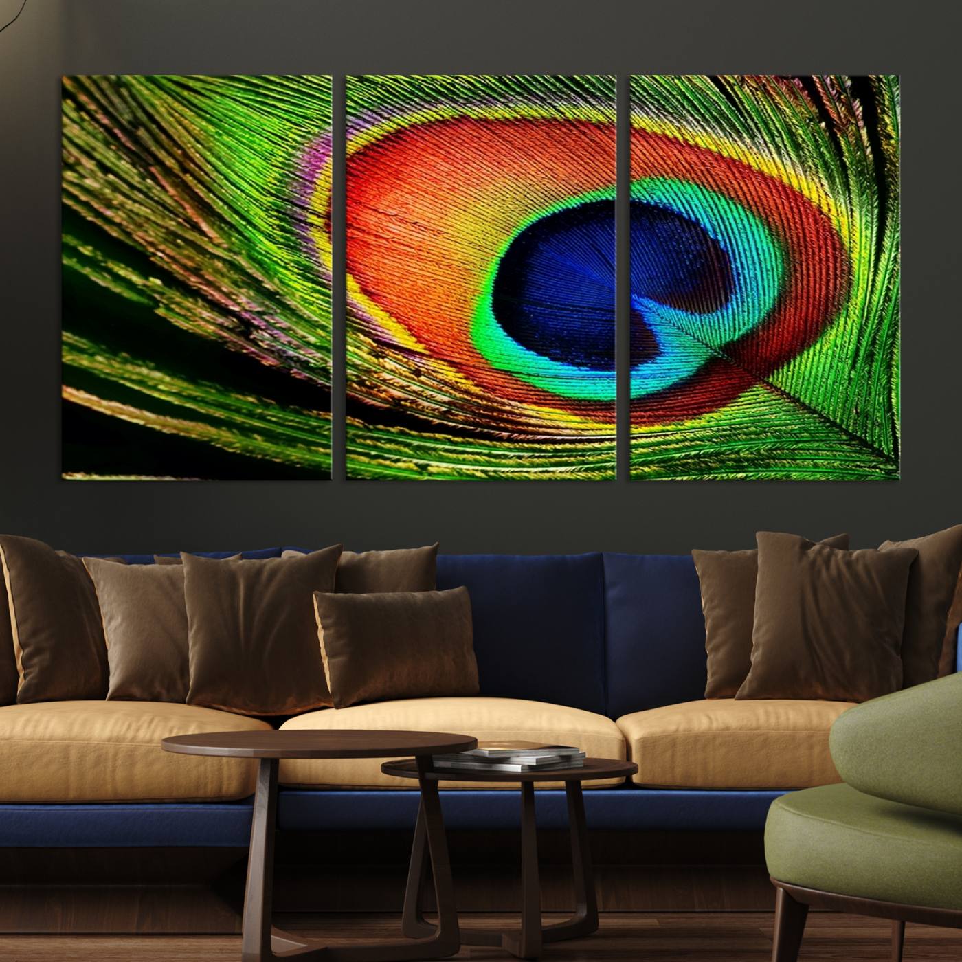 64643-MGV-CV-36X24-Colorful Peacock Feather Wall Art Print - Vibrant Green, Blue, and Orange Peacock Feather Design,