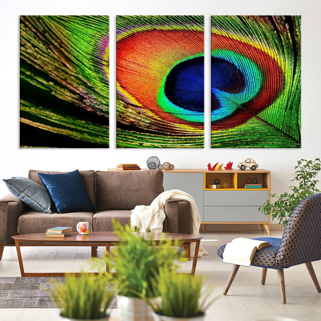 -Colorful Peacock Feather Wall Art Print - Vibrant Green, Blue, and Orange Peacock Feather Design,