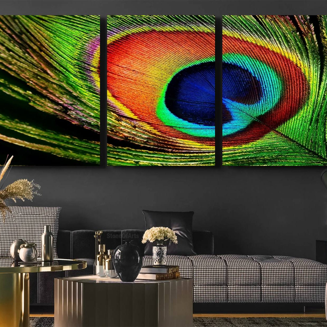 -Colorful Peacock Feather Wall Art Print - Vibrant Green, Blue, and Orange Peacock Feather Design,