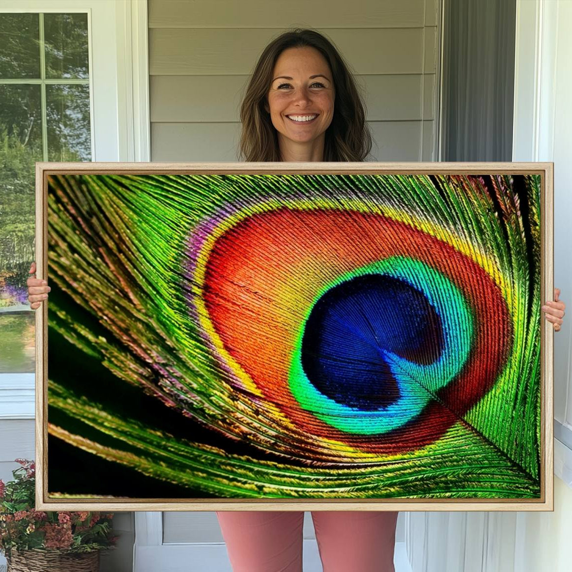-Colorful Peacock Feather Wall Art Print - Vibrant Green, Blue, and Orange Peacock Feather Design,