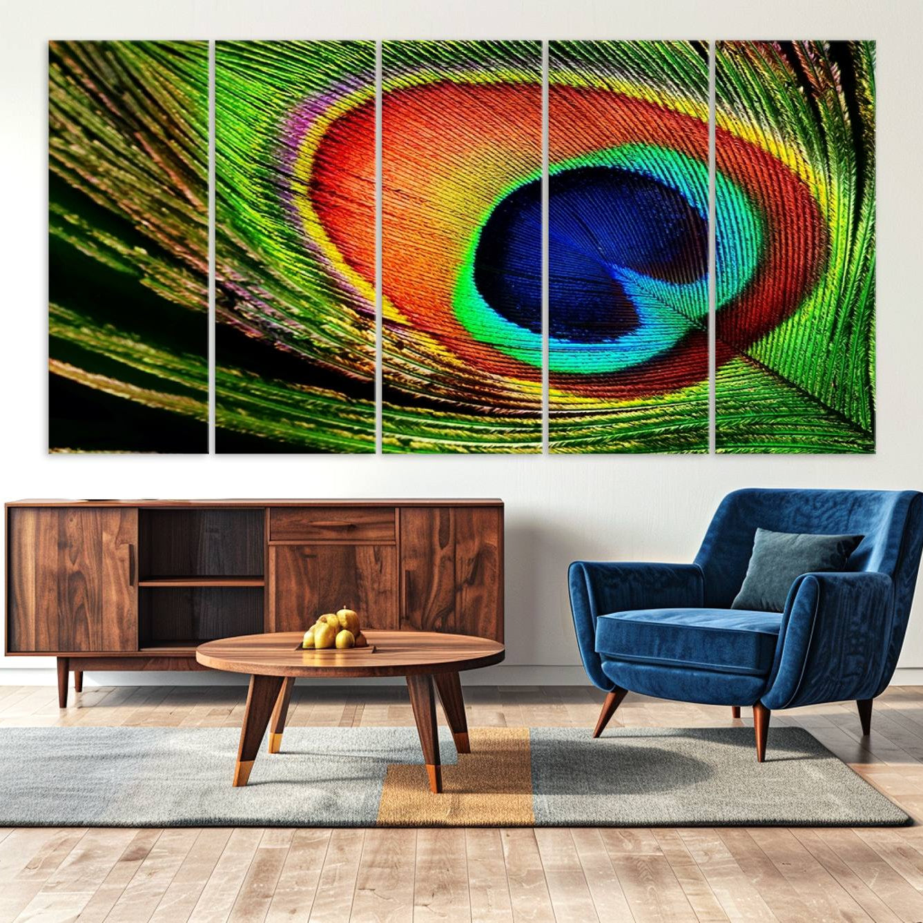-Colorful Peacock Feather Wall Art Print - Vibrant Green, Blue, and Orange Peacock Feather Design,