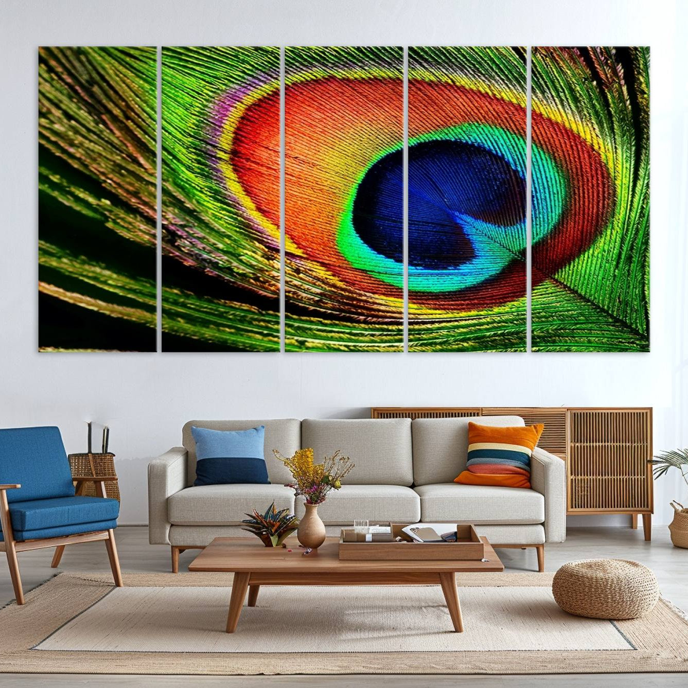 -Colorful Peacock Feather Wall Art Print - Vibrant Green, Blue, and Orange Peacock Feather Design,