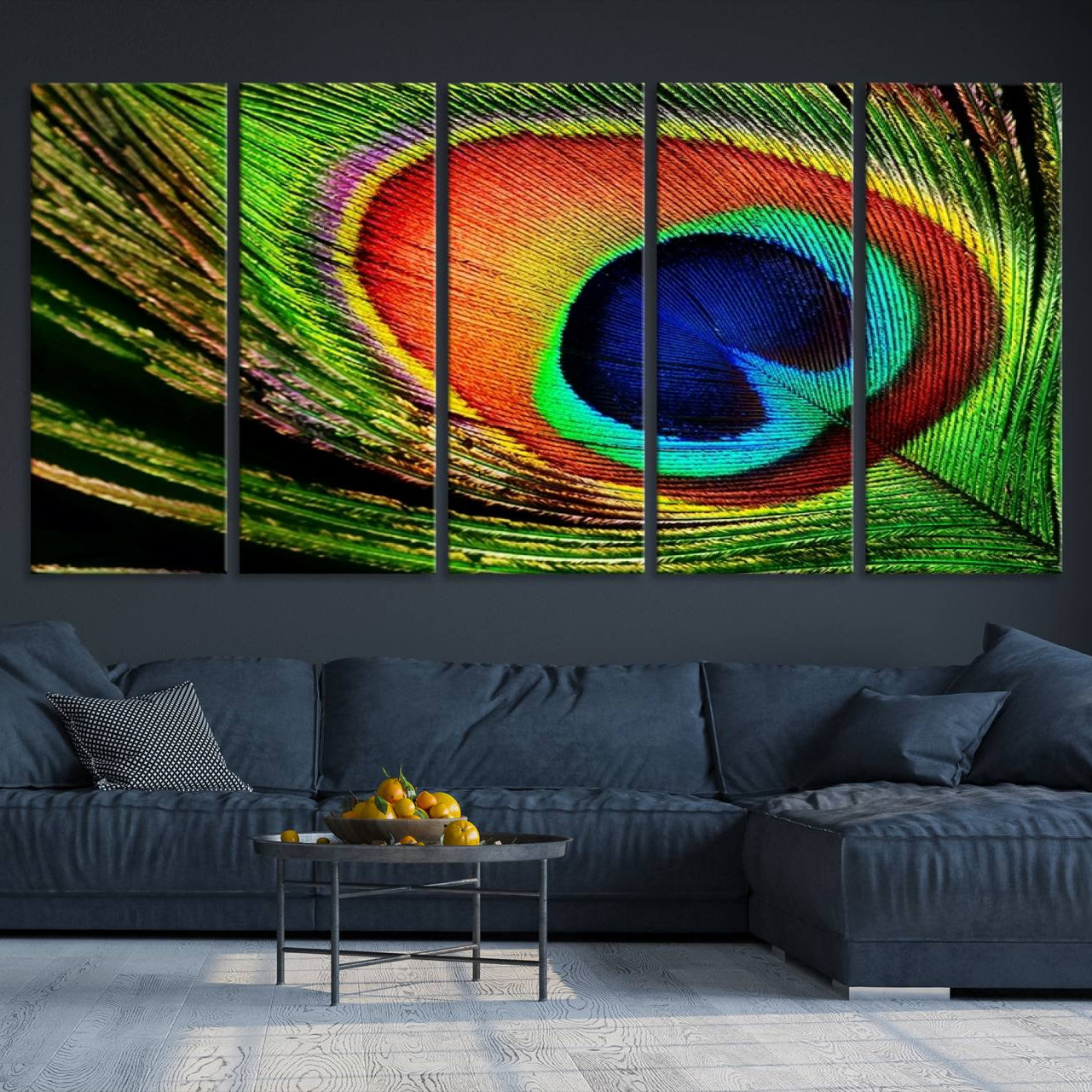 -Colorful Peacock Feather Wall Art Print - Vibrant Green, Blue, and Orange Peacock Feather Design,