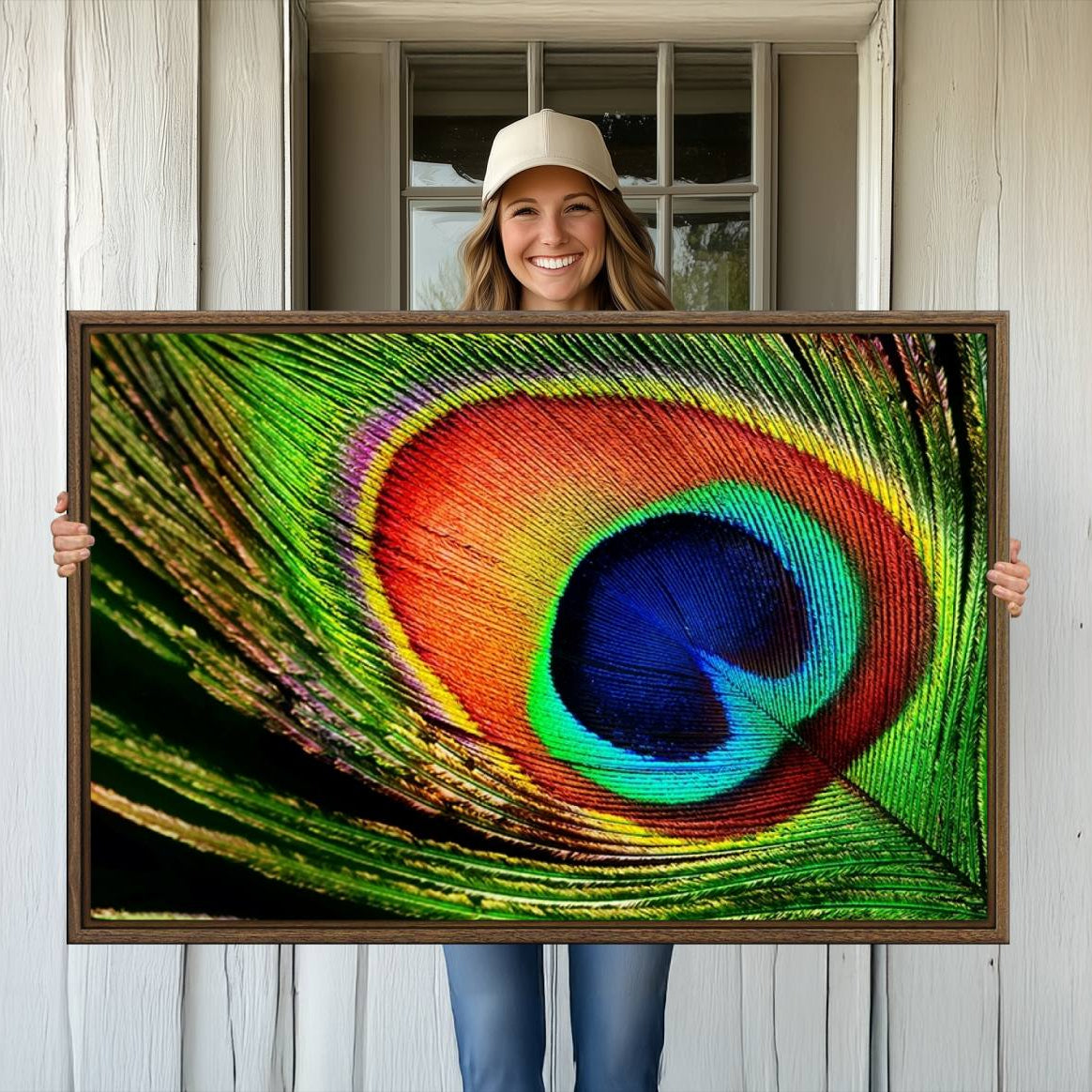 -Colorful Peacock Feather Wall Art Print - Vibrant Green, Blue, and Orange Peacock Feather Design,