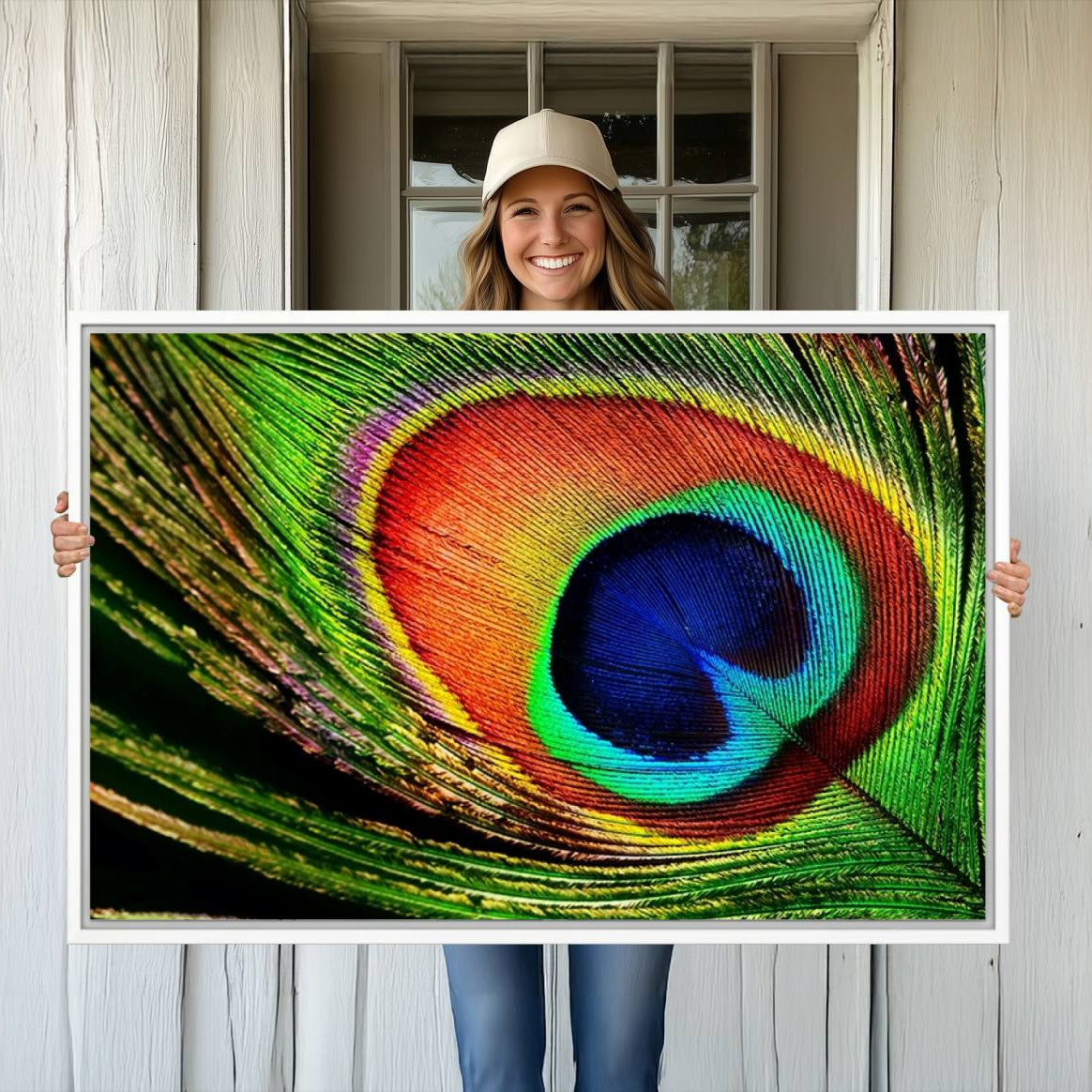 -Colorful Peacock Feather Wall Art Print - Vibrant Green, Blue, and Orange Peacock Feather Design,