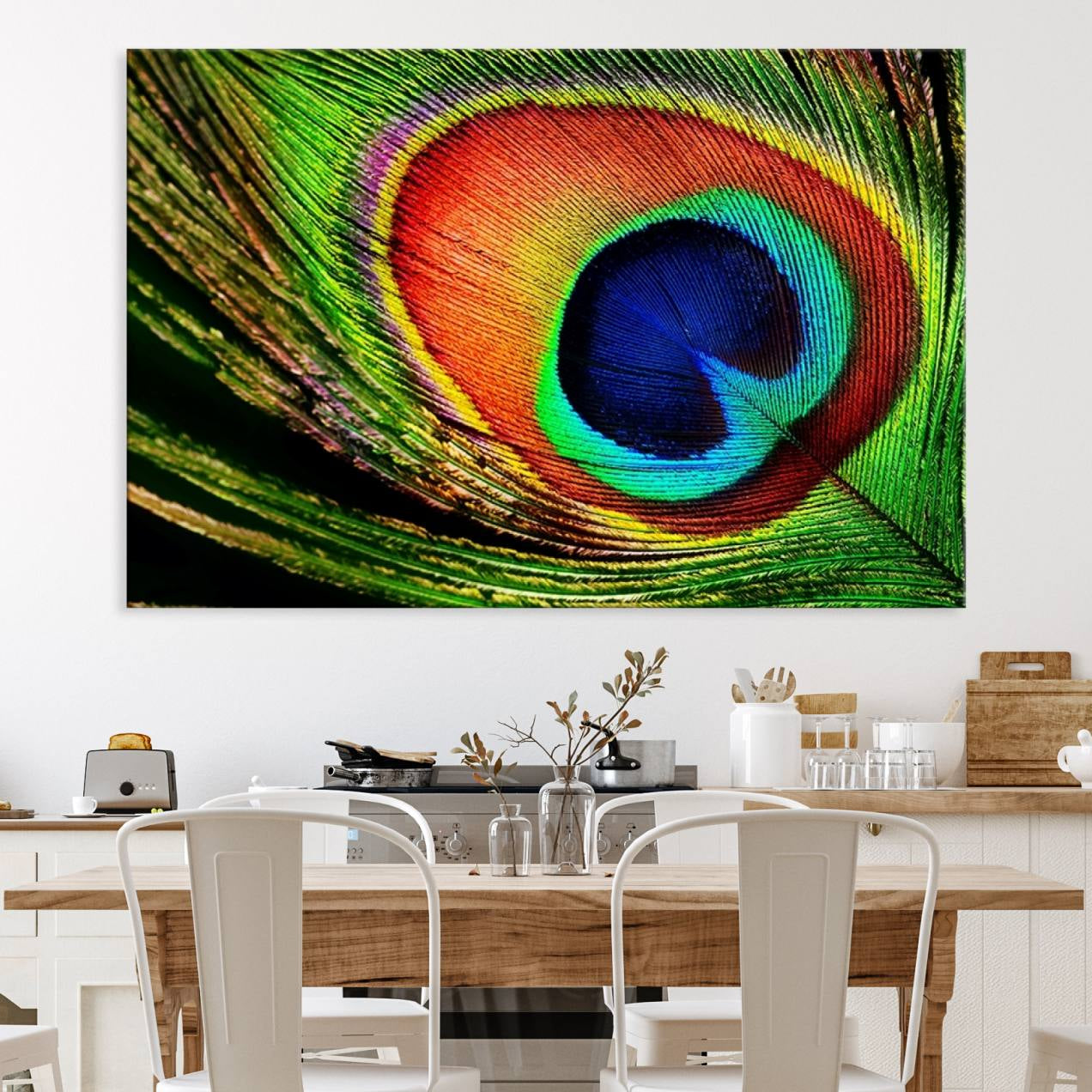 64643-MGV-CV-36X24-Colorful Peacock Feather Wall Art Print - Vibrant Green, Blue, and Orange Peacock Feather Design,