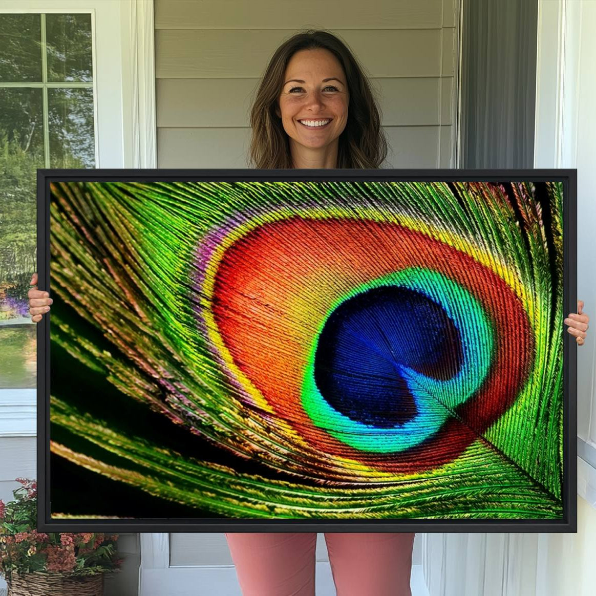 -Colorful Peacock Feather Wall Art Print - Vibrant Green, Blue, and Orange Peacock Feather Design,