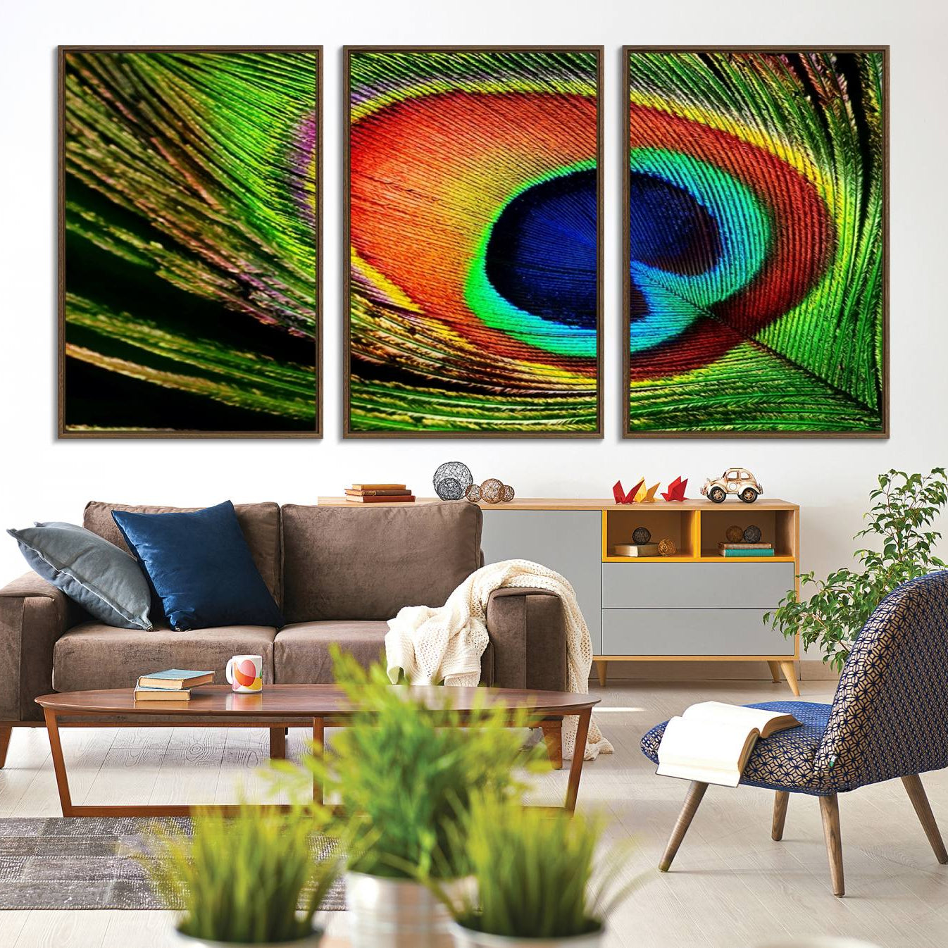 -Colorful Peacock Feather Wall Art Print - Vibrant Green, Blue, and Orange Peacock Feather Design,