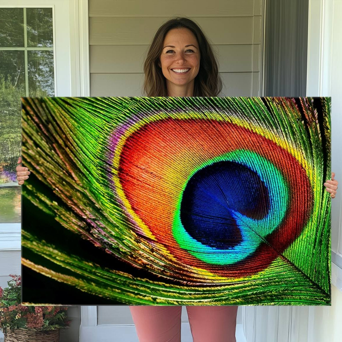 -Colorful Peacock Feather Wall Art Print - Vibrant Green, Blue, and Orange Peacock Feather Design,