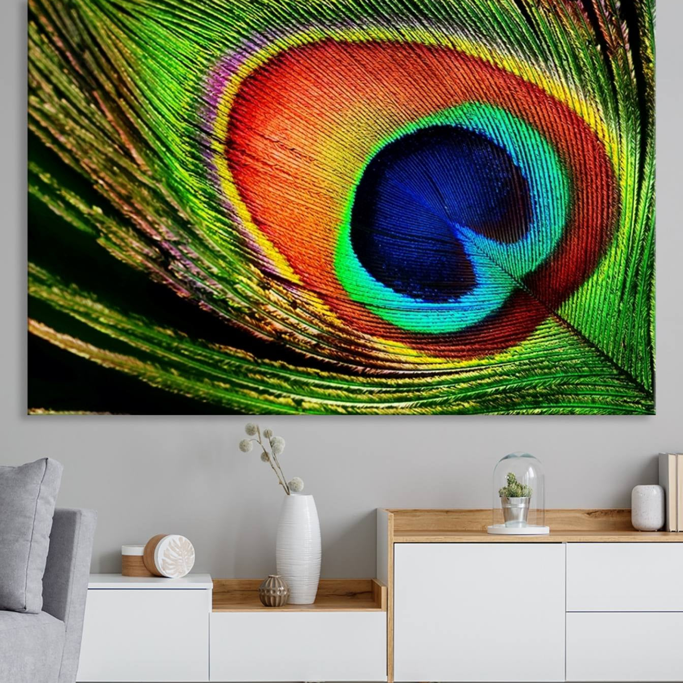 -Colorful Peacock Feather Wall Art Print - Vibrant Green, Blue, and Orange Peacock Feather Design,