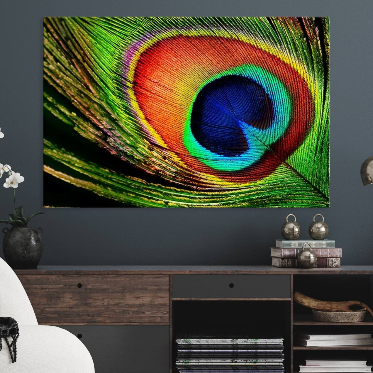 -Colorful Peacock Feather Wall Art Print - Vibrant Green, Blue, and Orange Peacock Feather Design,