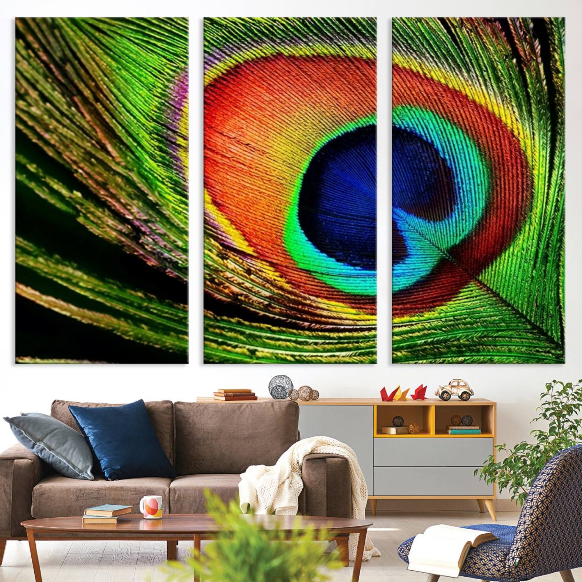 64643-MGV-CV-36X24-Colorful Peacock Feather Wall Art Print - Vibrant Green, Blue, and Orange Peacock Feather Design,