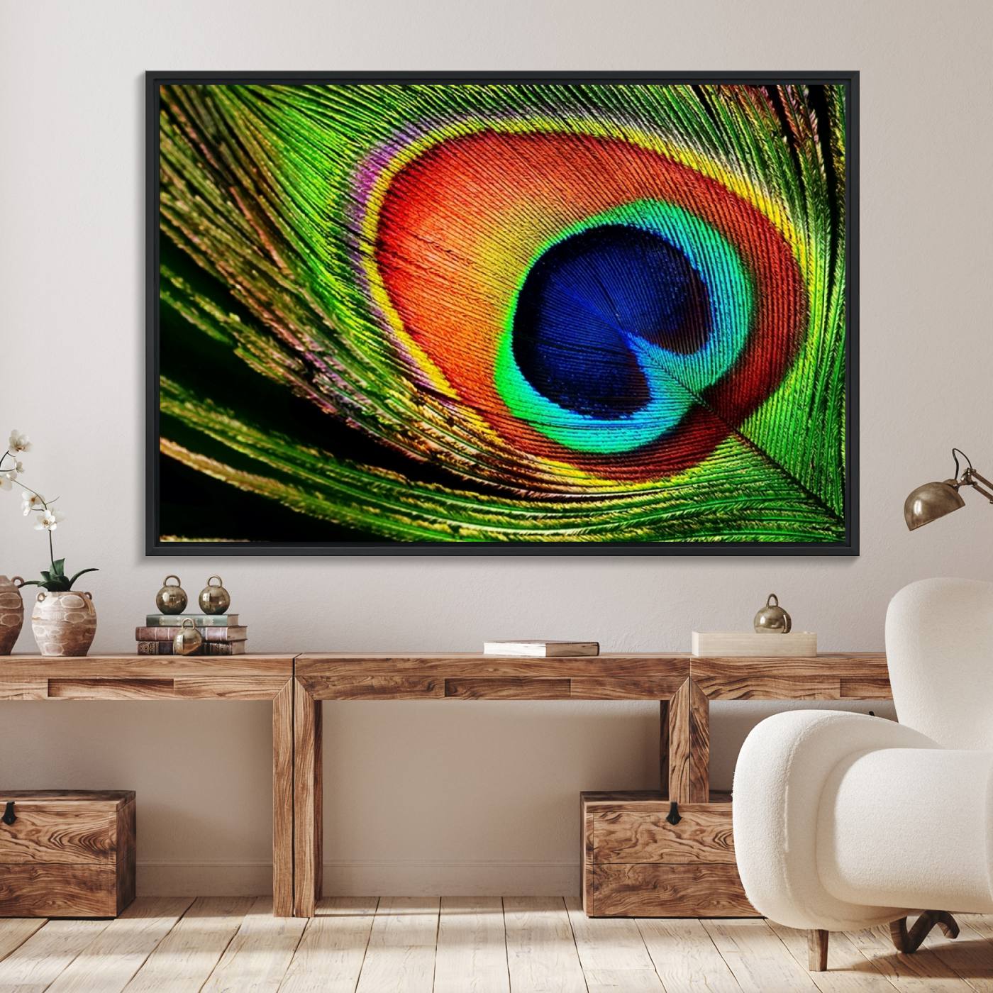 64643-MGV-FC-36X24_Black-Colorful Peacock Feather Wall Art Print - Vibrant Green, Blue, and Orange Peacock Feather Design,