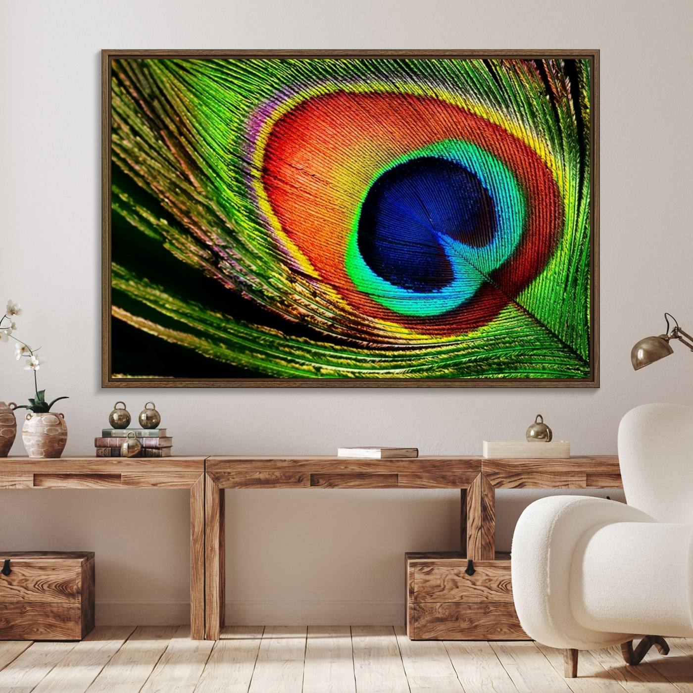 64643-MGV-FC-36X24_Walnut-Colorful Peacock Feather Wall Art Print - Vibrant Green, Blue, and Orange Peacock Feather Design,
