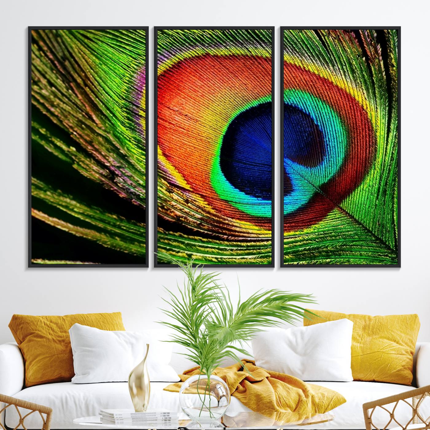 64643-MGV-FC-48X32-3P_Black-Colorful Peacock Feather Wall Art Print - Vibrant Green, Blue, and Orange Peacock Feather Design,