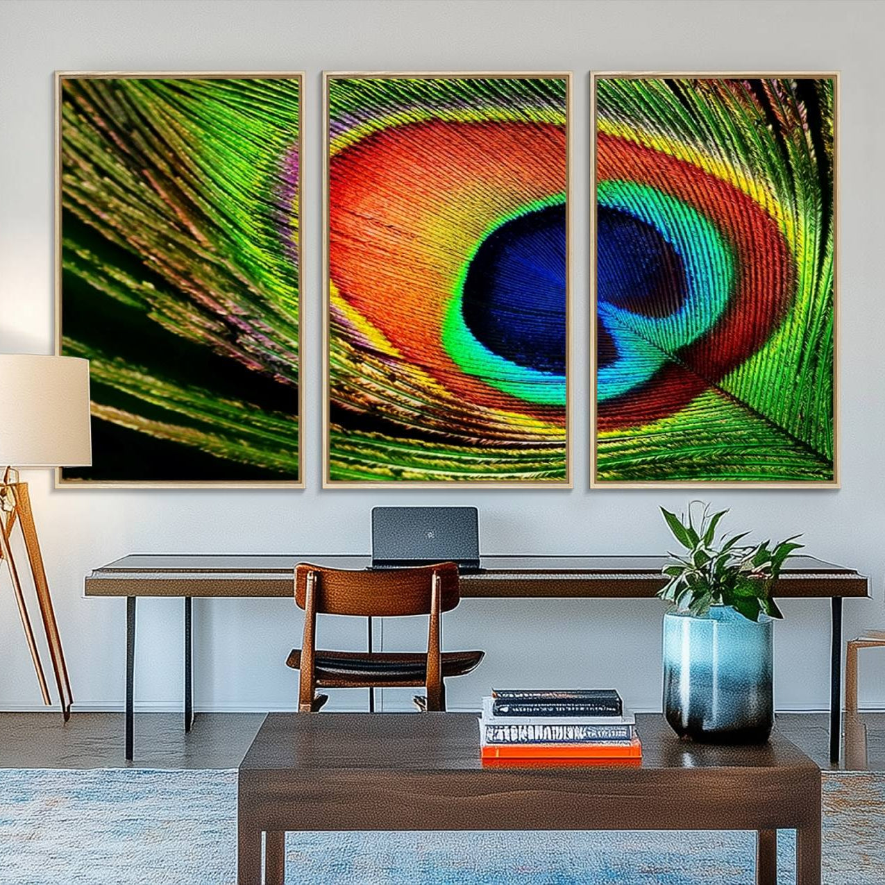 64643-MGV-FC-48X32-3P_Natural-Colorful Peacock Feather Wall Art Print - Vibrant Green, Blue, and Orange Peacock Feather Design,