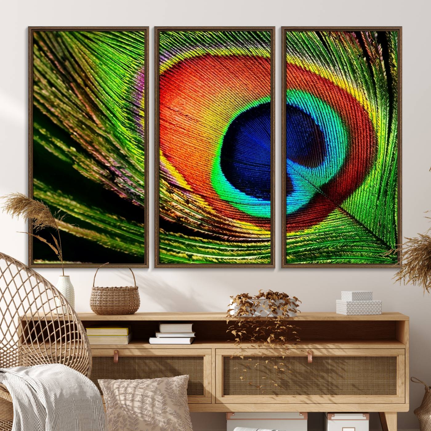 64643-MGV-FC-48X32-3P_Walnut-Colorful Peacock Feather Wall Art Print - Vibrant Green, Blue, and Orange Peacock Feather Design,